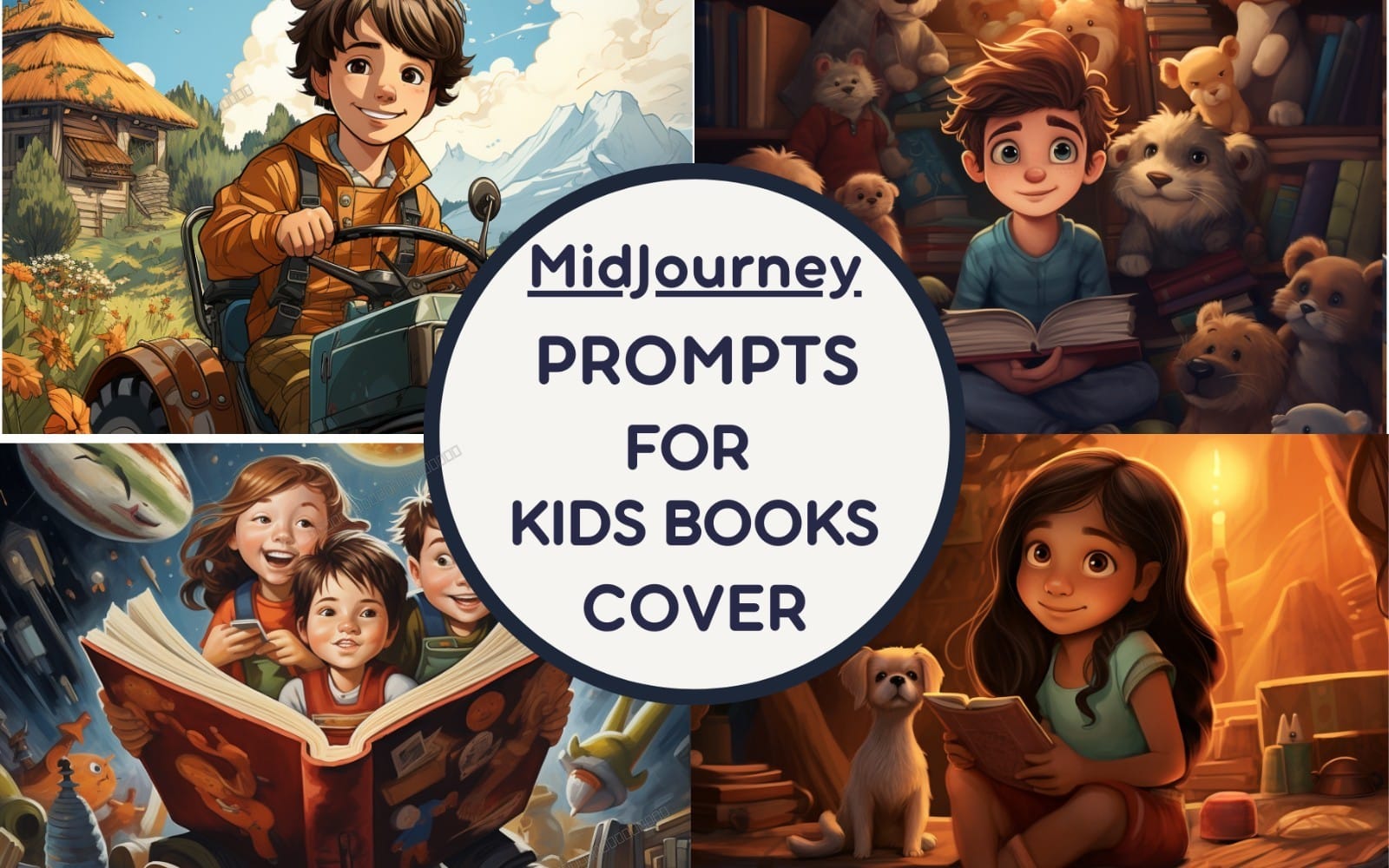 Collage banner for Magical Kids Story Book illustration prompts, featuring child and animal scenes with Midjourney text