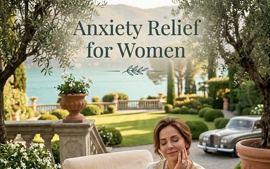 Promotional banner for Anxiety Relief for Women featuring a calm woman sitting outdoors by a garden and lake