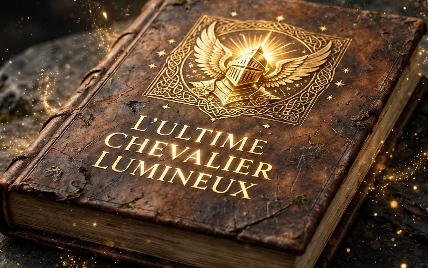Livre ancien décoré doré L’ULTIME CHEVALIER LUMINIEUX posé sur bois sombre, ambiance féerique avec étincelles