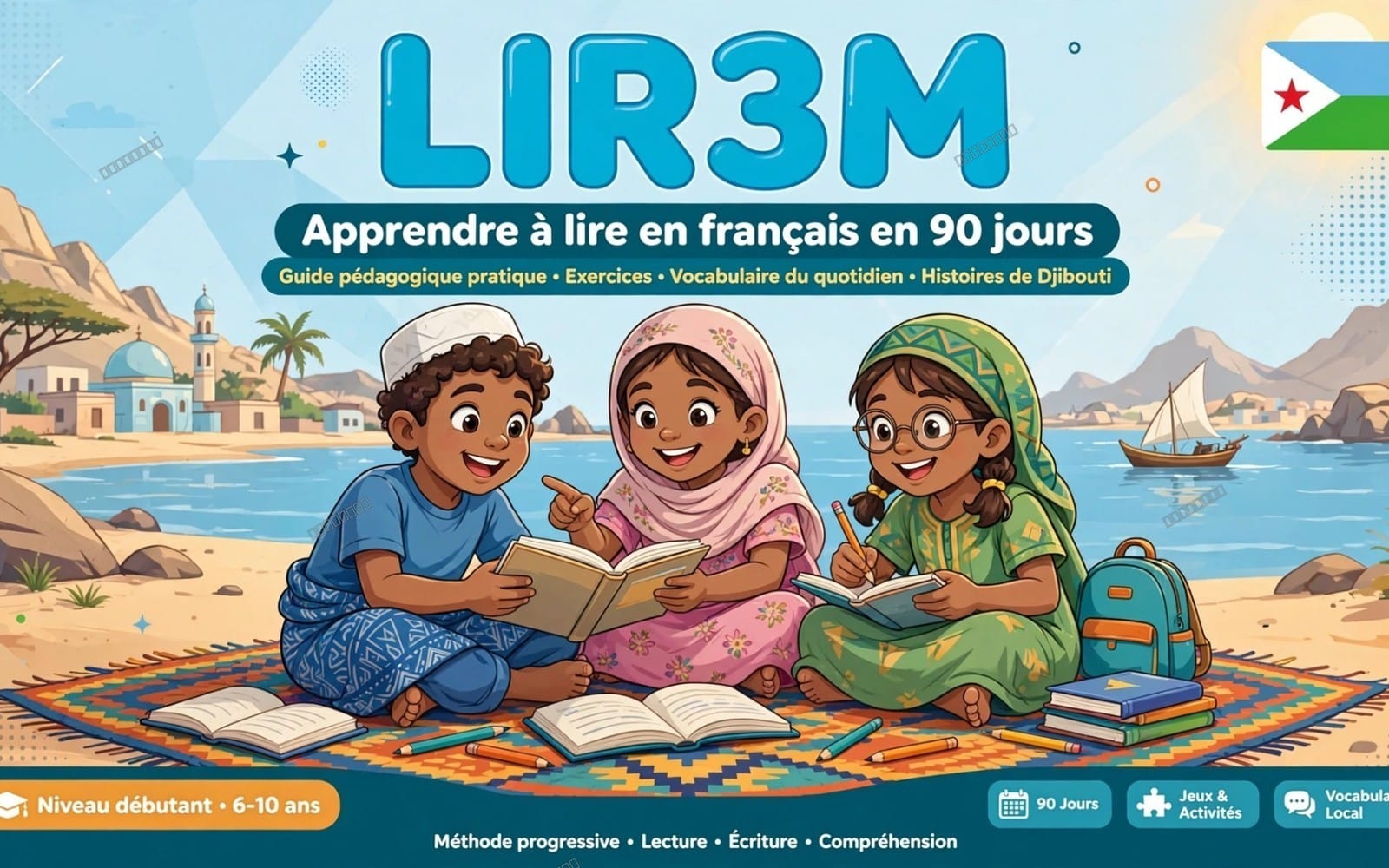 Couverture numérique d’un guide pédagogique pour apprendre à lire en français en 90 jours, avec enfants et livres