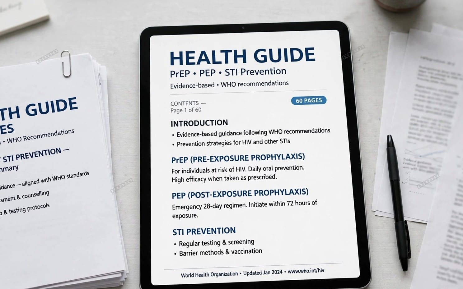 Digital health guide PDF displayed on a tablet with HIV PrEP PEP and STI prevention information, 60 pages badge