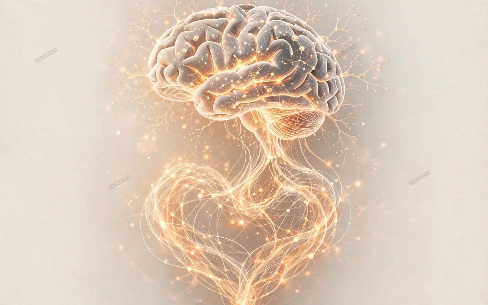 Visuel artistique montrant un cerveau humain numérique en lumière dorée connecté à un cœur abstrait, fichier digital