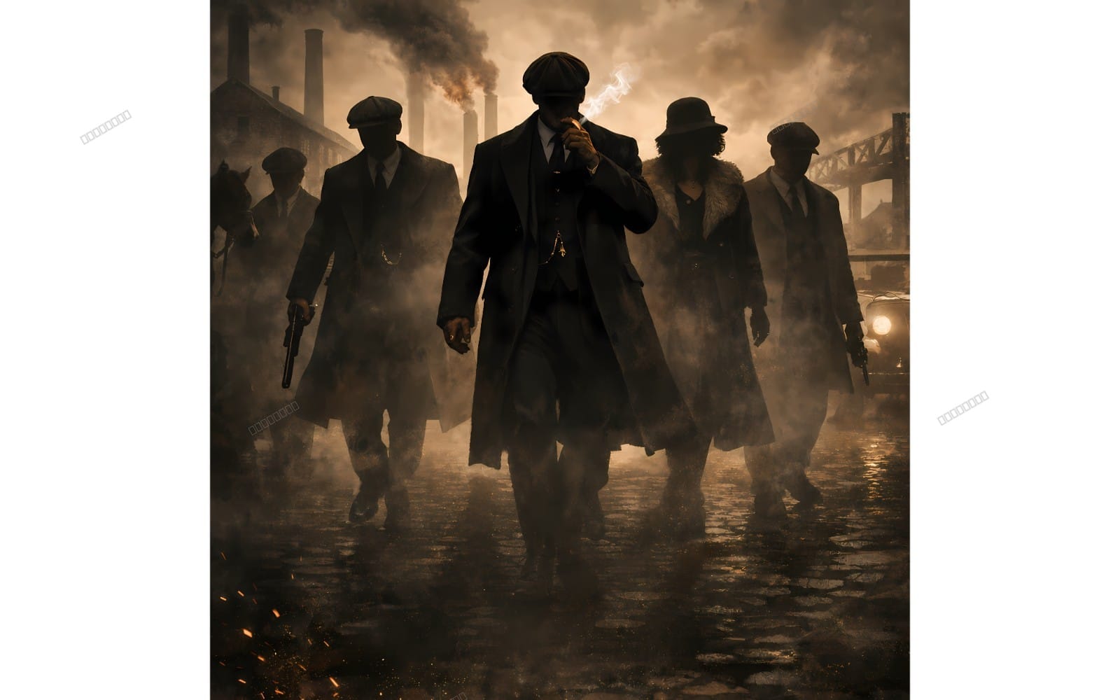 Set of 32 AI-generated Peaky Blinders style characters in smoky industrial street scene with guns and hats