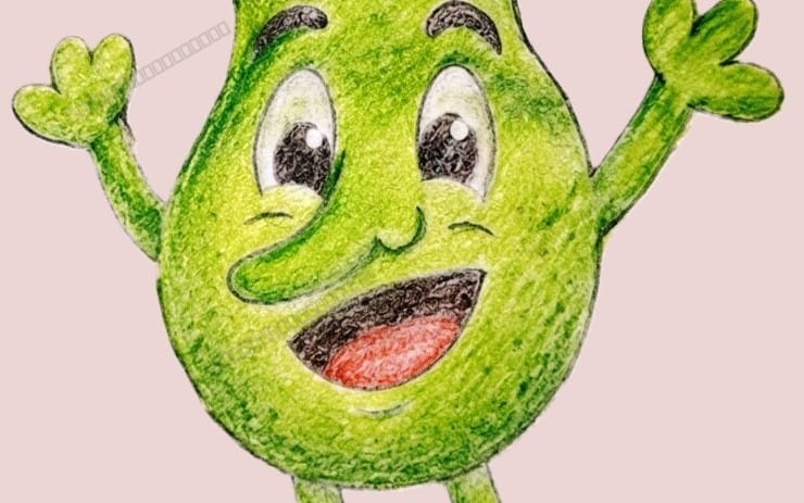 Cartoon green pear character with wide eyes and open mouth, Mr. Pear digital sticker or illustration