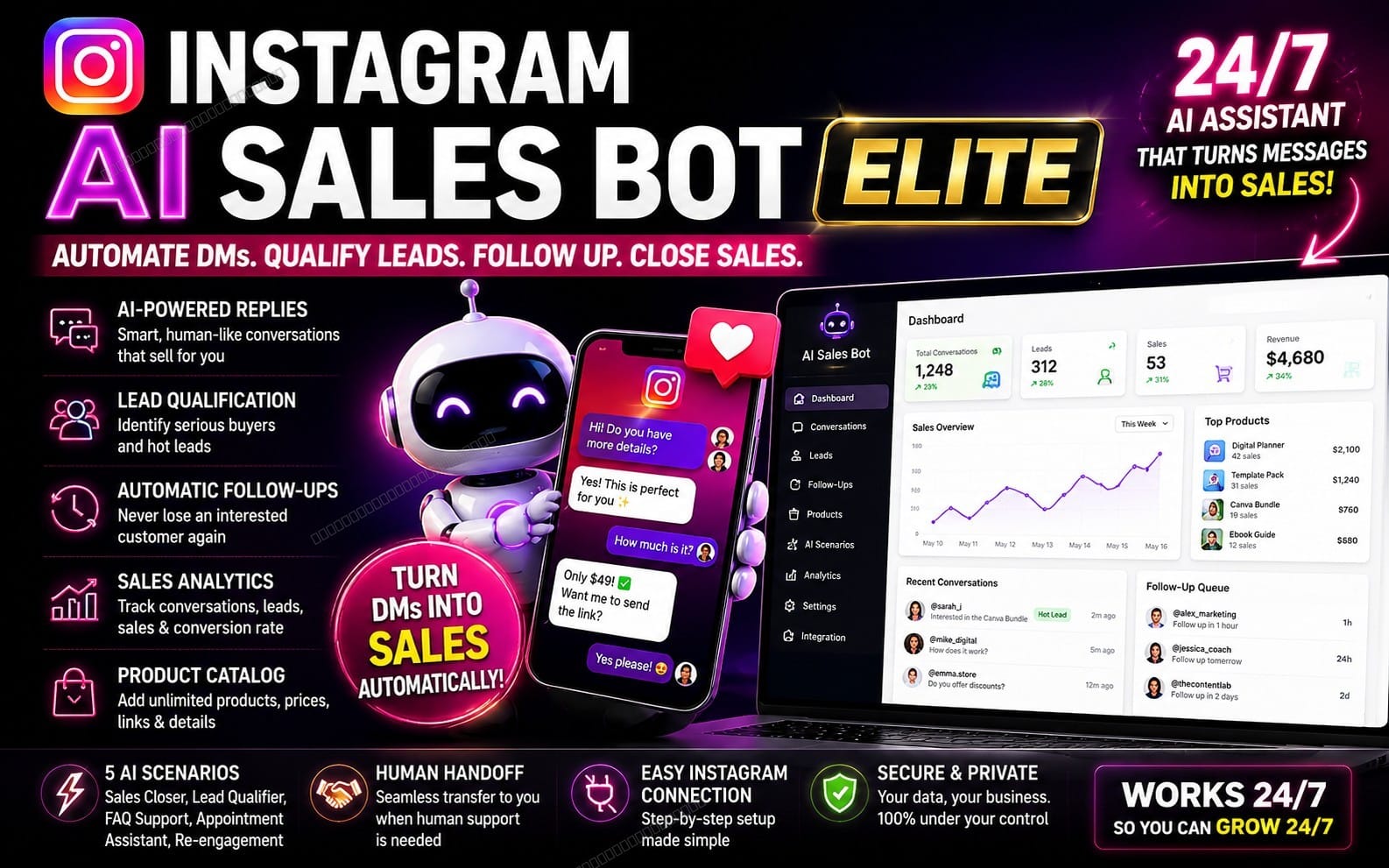 Instagram AI Sales Bot ELITE — Automate DMs, Qualify Leads, Follow Up & Track Sales