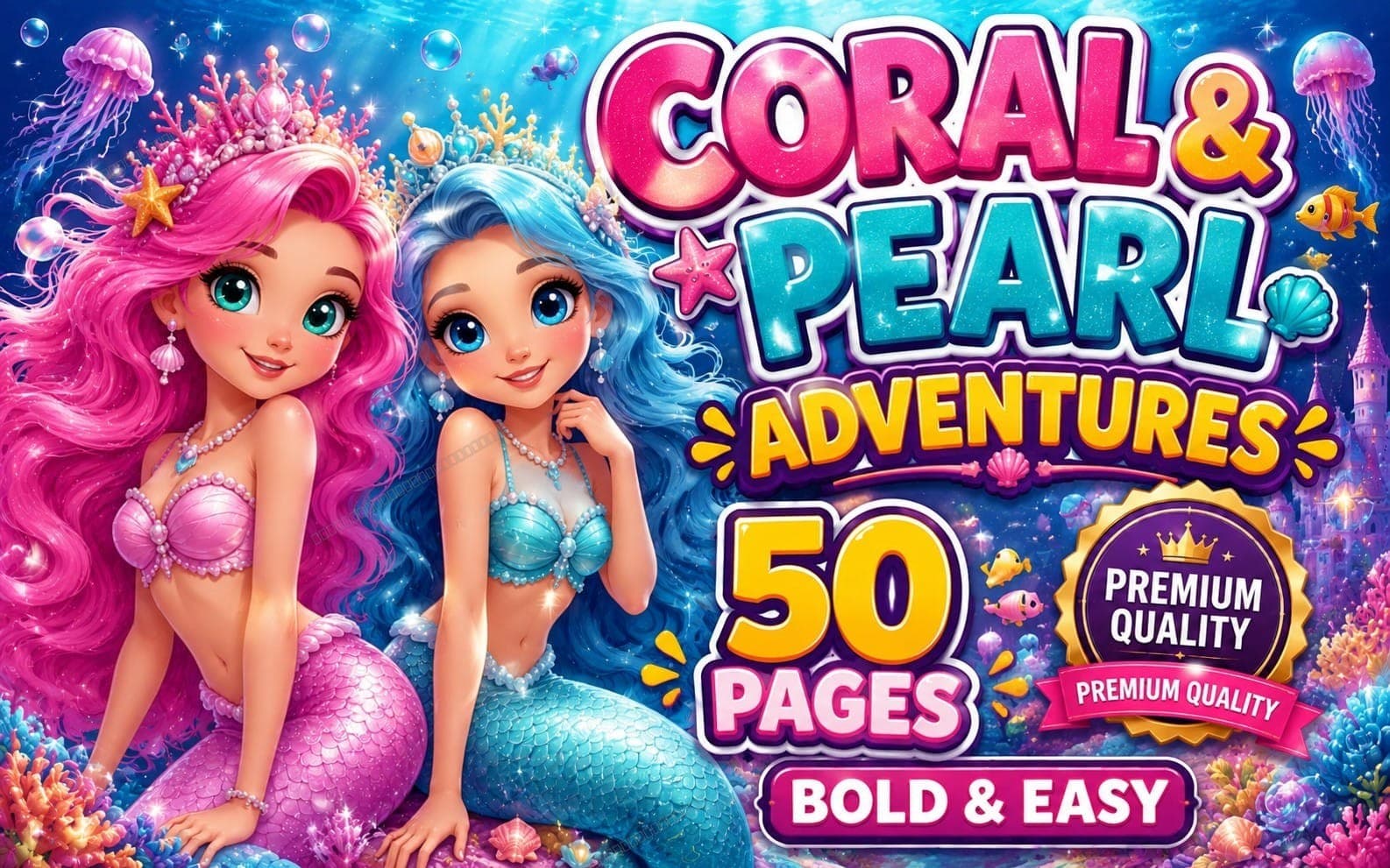 Coral And Pearl Adventures Coloring Book - Cute Mermaid Coloring Book for Kids, Ocean Animals, Underwater Adventure, 50 Printable Pages