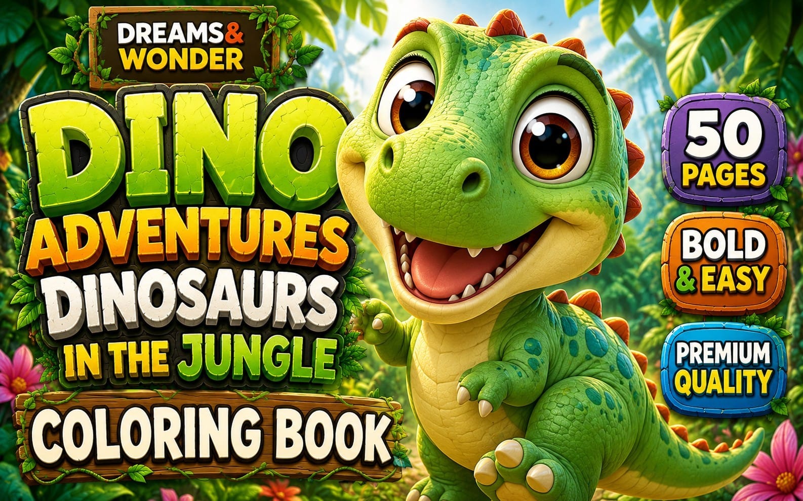 Dino Adventures Dinosaurs in the Jungle Coloring Book | Printable PDF | 50 Bold & Easy Dinosaur Coloring Pages for Kids | Instant Download