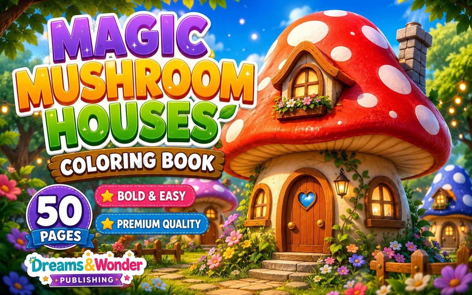 Magic Mushroom Houses Coloring Book for Kids and Toddlers | Printable PDF | 50 Pages | Bold & Easy | Cute Fantasy Coloring Pages | Instant Download