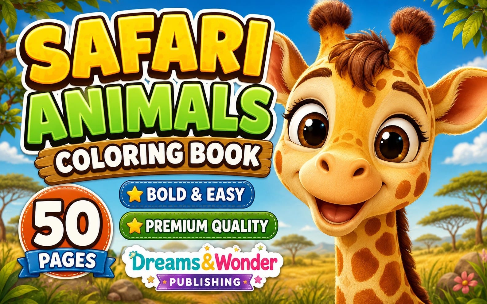 Safari Animals Coloring Book for Kids | 50 Bold & Easy Printable Pages | Preschool PDF | Instant Download
