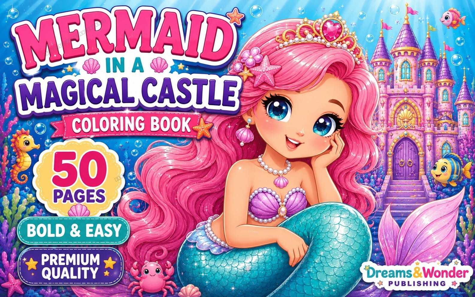 Mermaid Coloring Book Printable PDF | Bold & Easy | 50 Pages | Cute Mermaid Coloring Pages for Kids Ages 3–8 | Instant Download