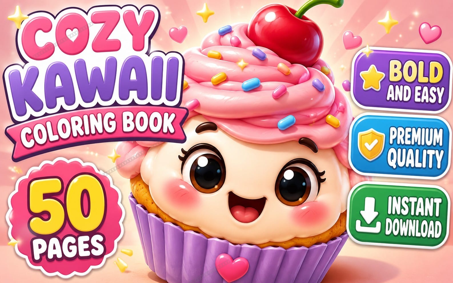 Cozy Kawaii Desserts Coloring Book | Cute Food Coloring Pages | Bold & Easy | 50 Printable Pages | Instant Digital Download