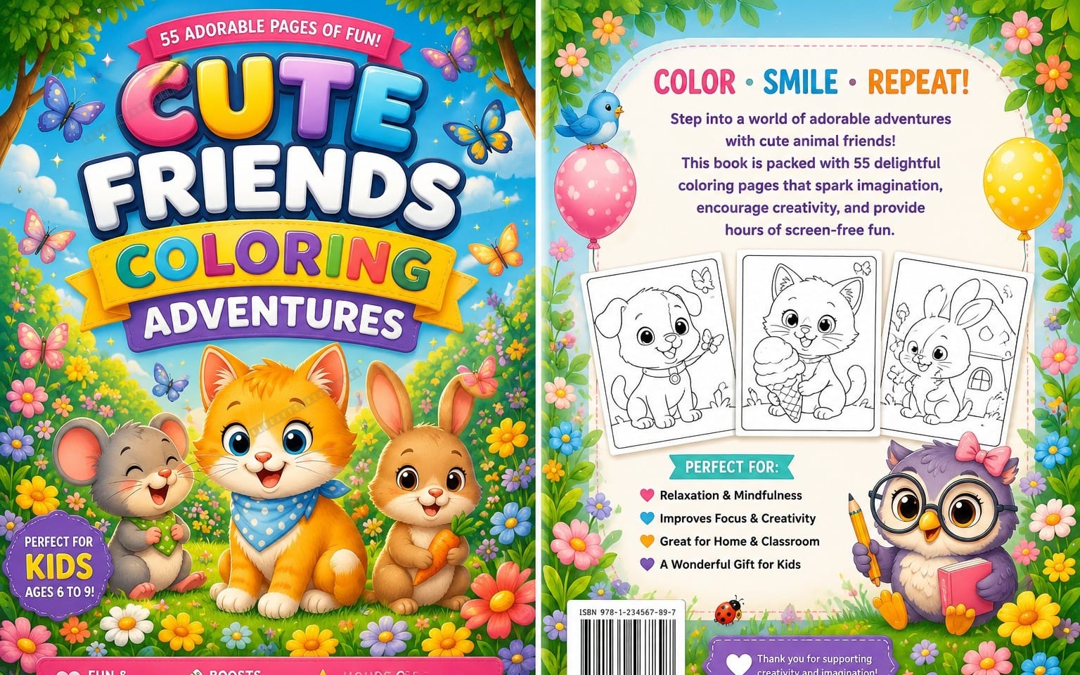 Coloring book cover for kids with cute animals, butterflies, flowers, balloons, and a preview of black-and-white pages