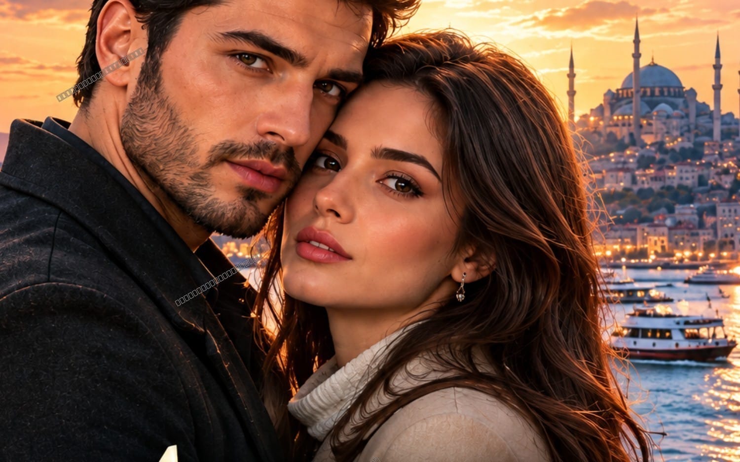 Romantic couple portrait with man and woman in Ottoman-style city skyline sunset background, digital artwork promo cover