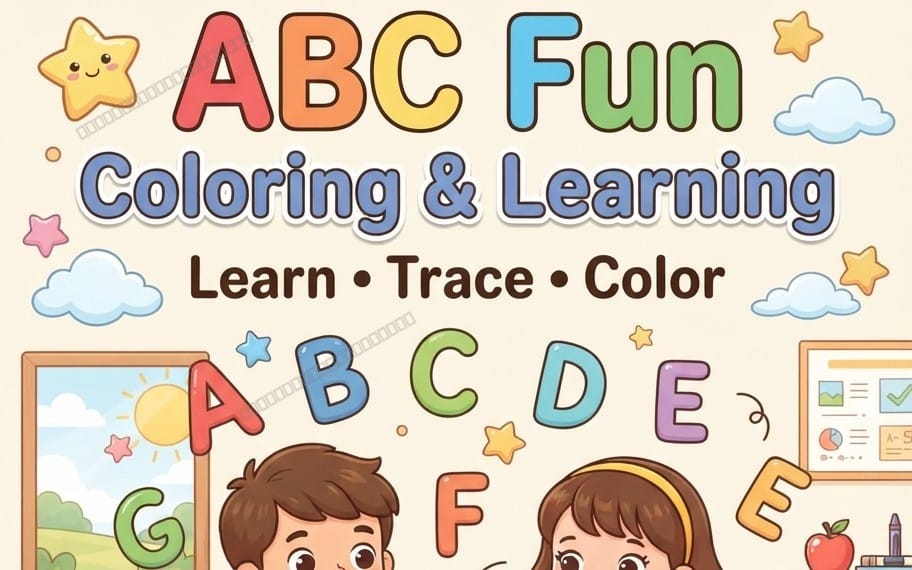 Children’s ABC Fun coloring and learning digital workbook cover with letters, stars, and traced learning theme