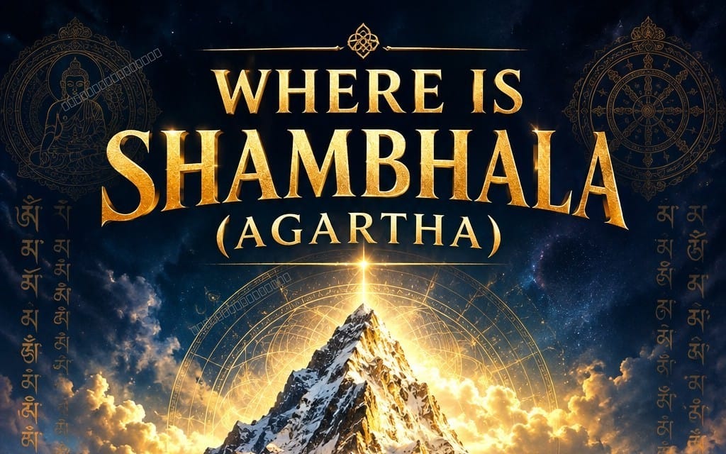 Fantasy book cover titled Where Is Shambhala (Agartha) with gold text, mystical mandalas, and a glowing mountain in the