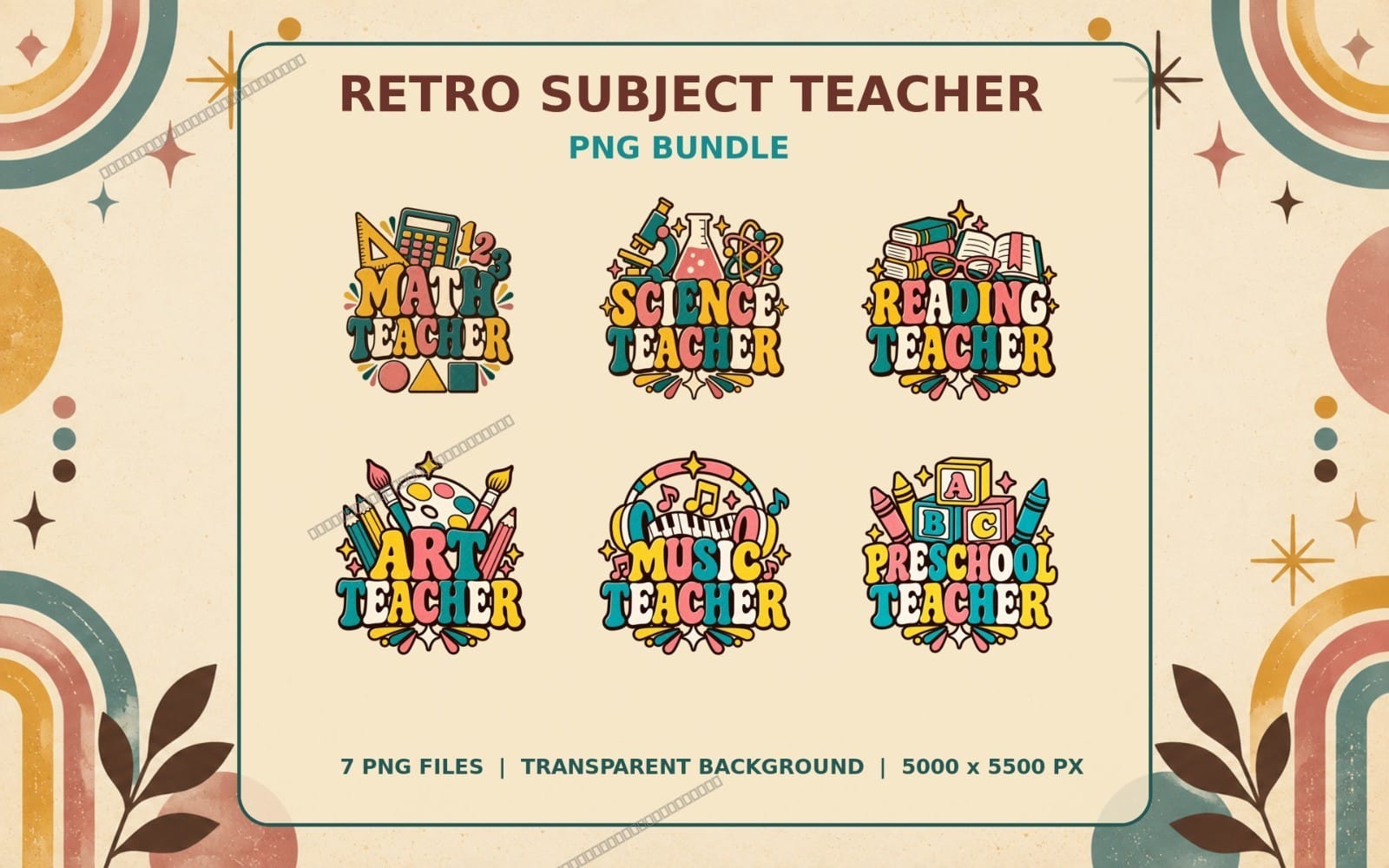Retro subject teacher PNG bundle with Math, Science, Reading, Art, Music and Preschool badge designs on beige background