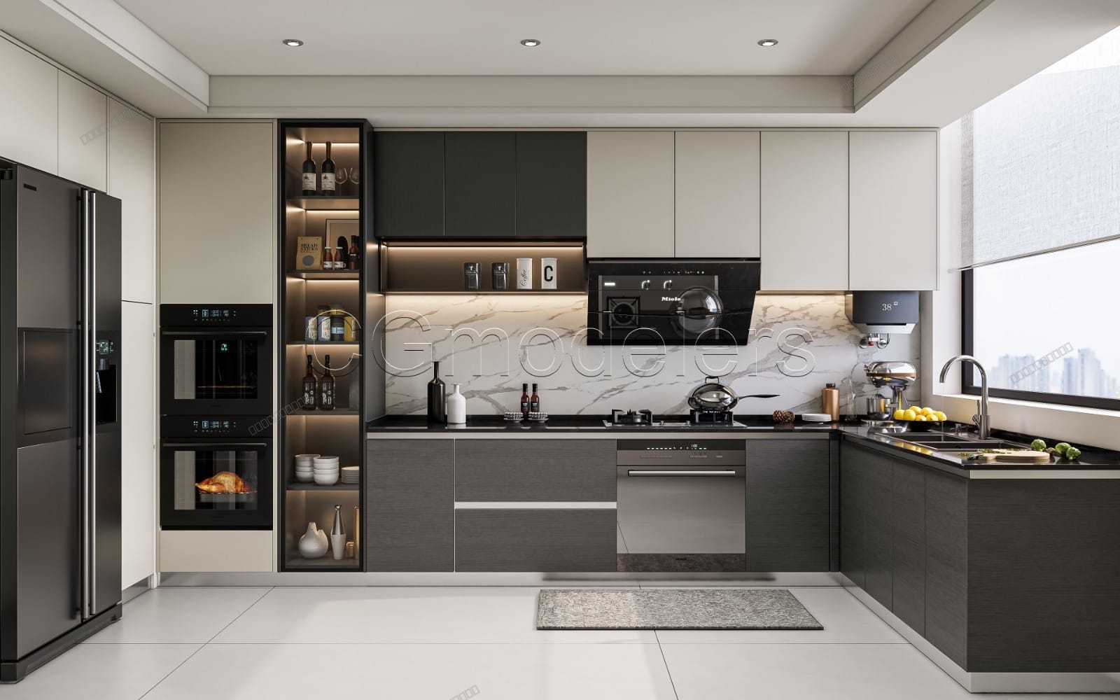 Modern kitchen interior render scene with dark and white cabinets, marble backsplash, and appliances for SketchUp