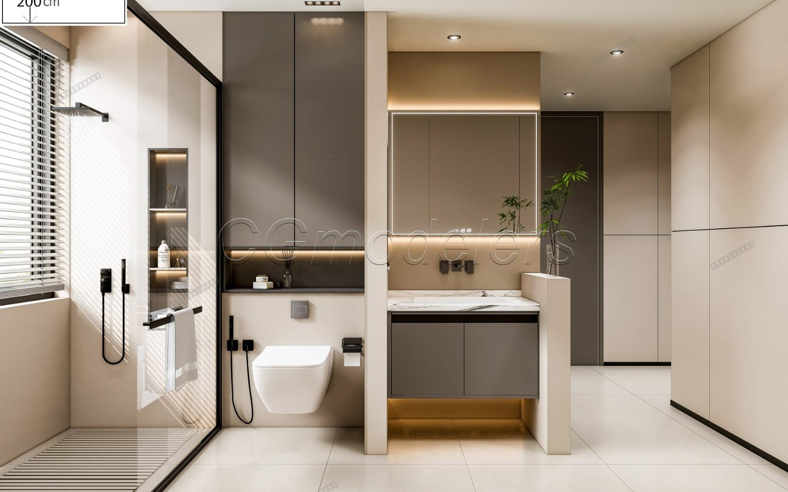 Modern bathroom render with vanity, toilet, glass shower, and lighting, Enscape render-ready SketchUp scene