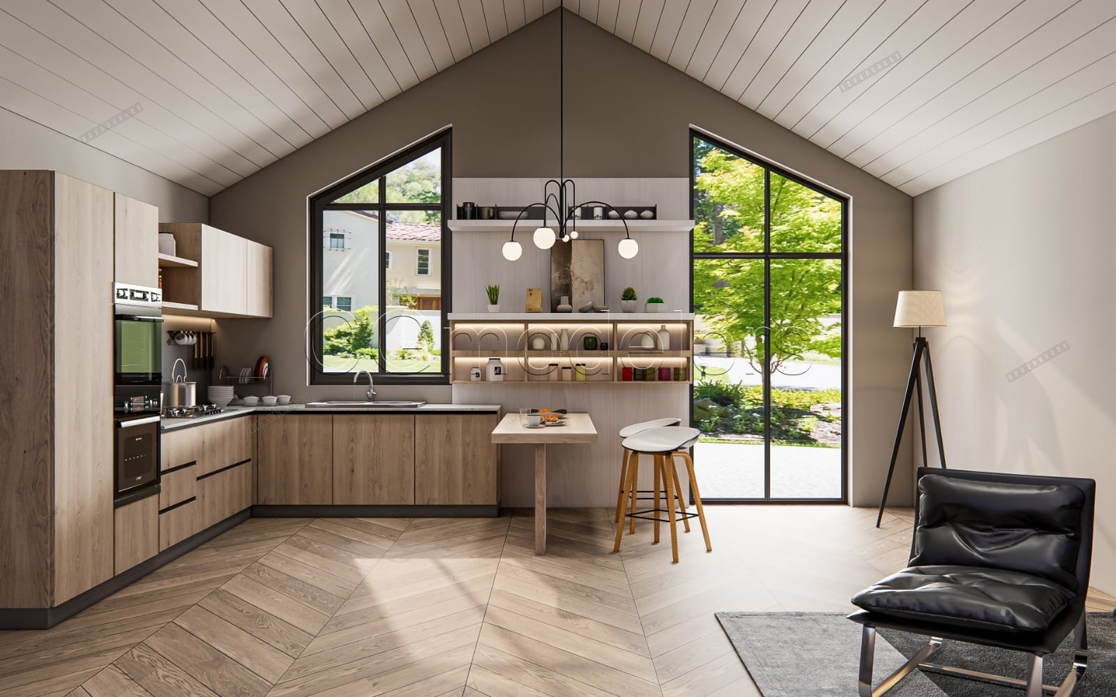 Modern kitchen interior 3D SketchUp scene with PBR materials, lighting, and Enscape-style render view