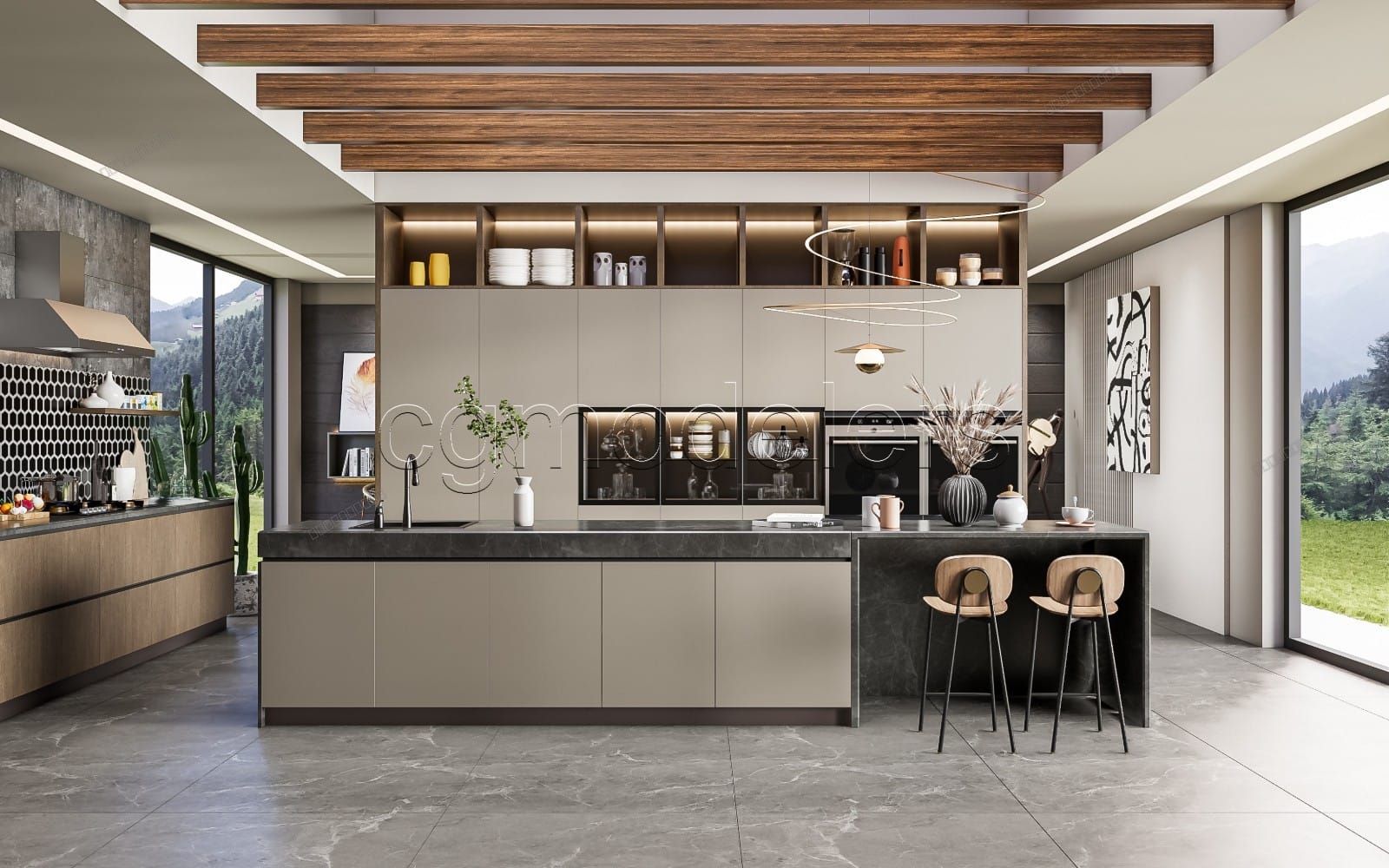 Modern kitchen 3D SketchUp model with PBR materials and Enscape-style lighting, built-in cabinets and island bar stools