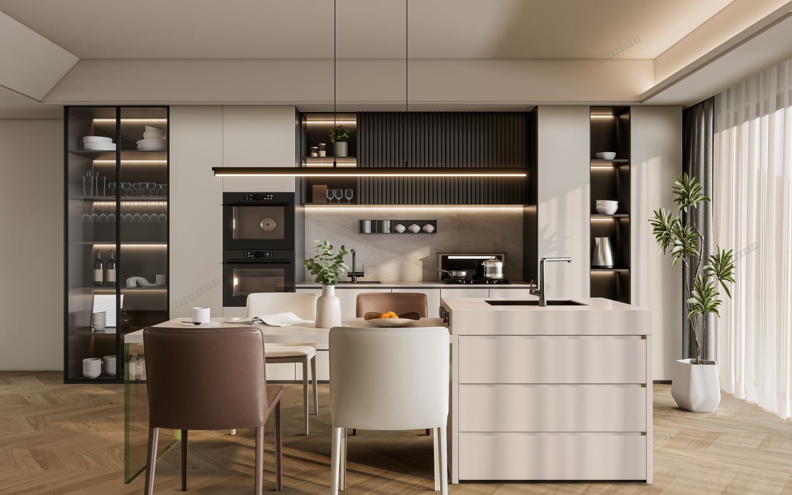 Modern kitchen 3D model interior with white cabinets, island, bar stools, and Enscape-ready lighting PBR render