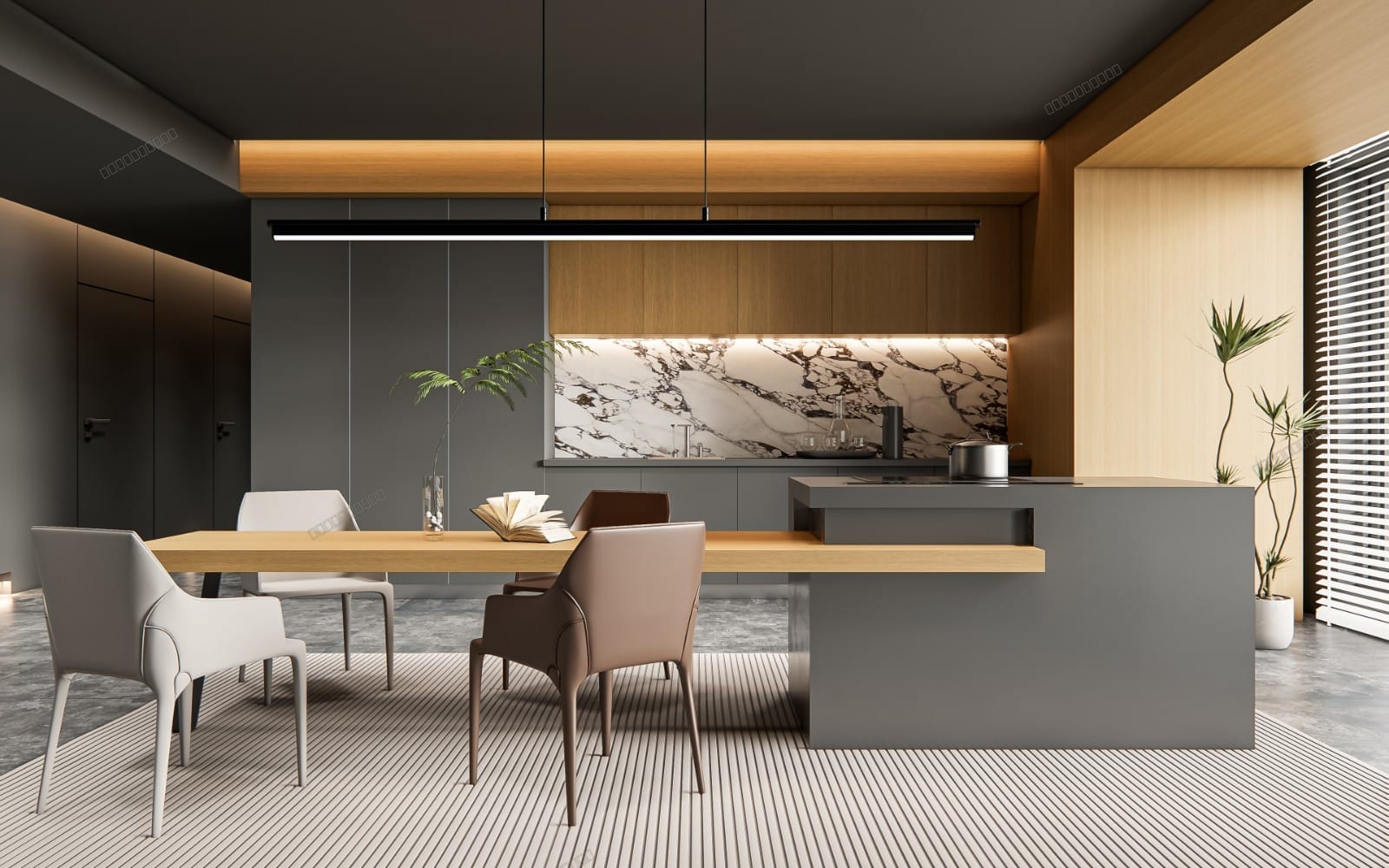 Modern kitchen interior 3D render with island, bar chairs, marble backsplash, and PBR lighting setup for SketchUp