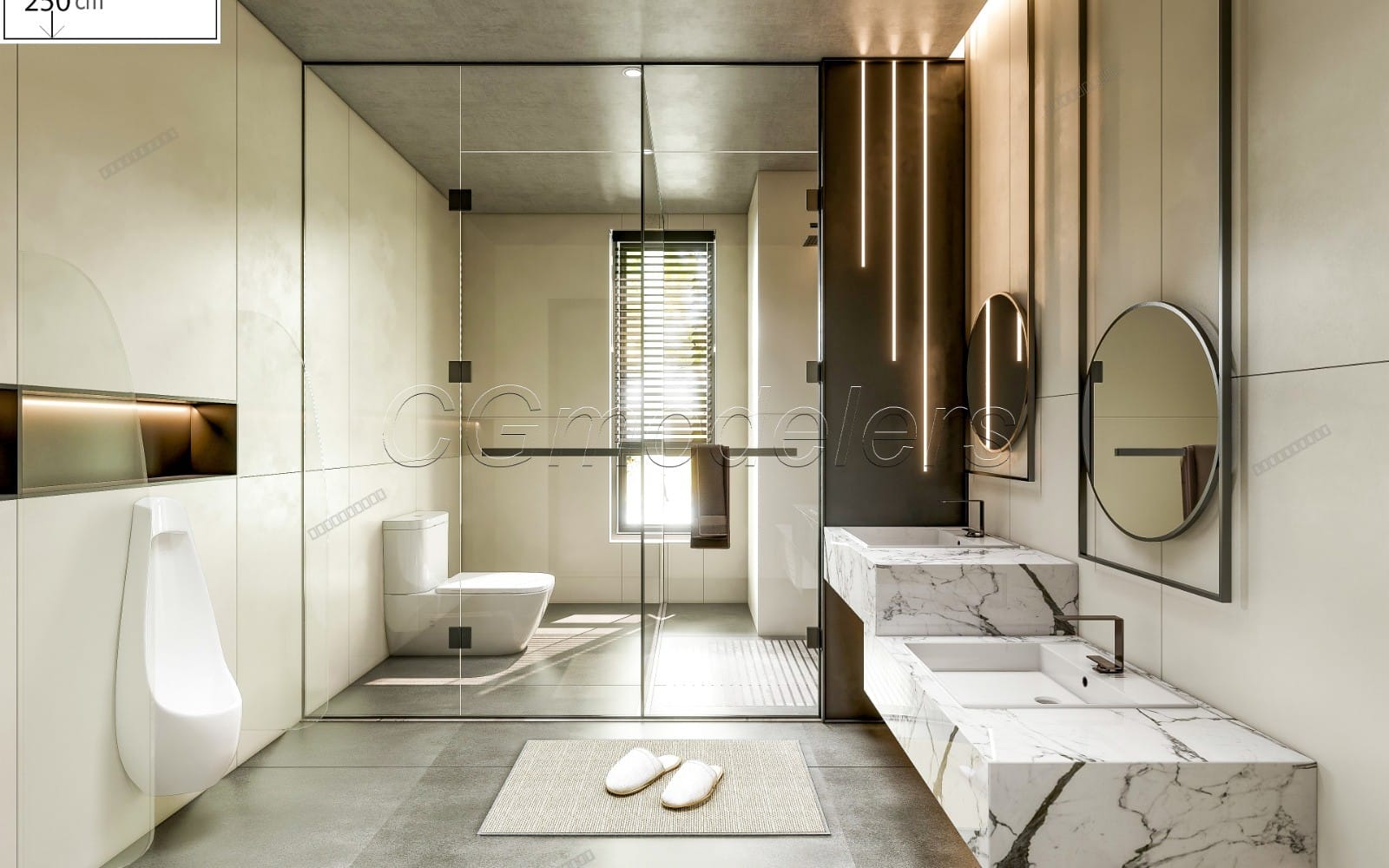 Enscape rendered bathroom interior scene with glass shower, vanity, mirror, and PBR lighting for SketchUp model