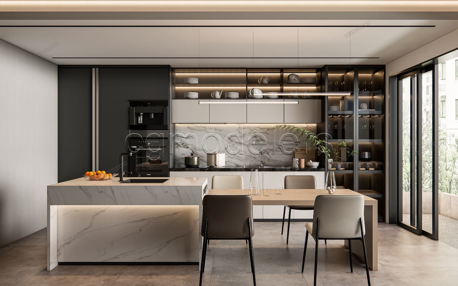 Modern kitchen 3D model scene render with marble island, pendant lights, and dining chairs, Enscape/PBR ready