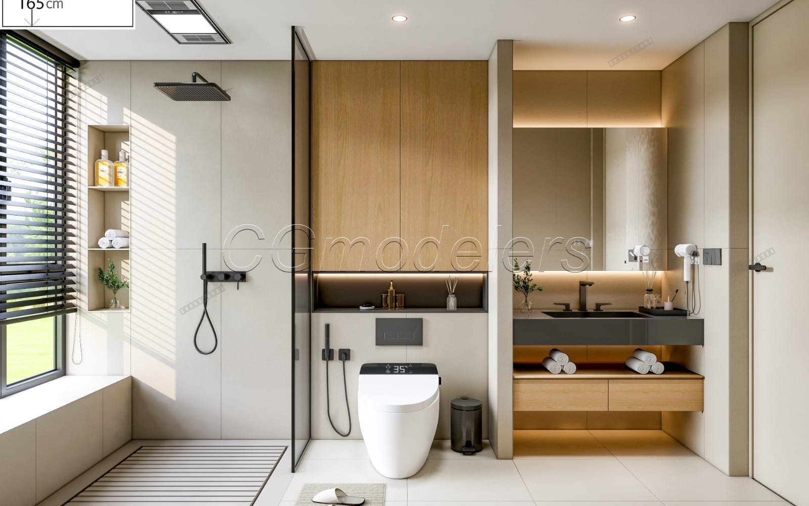 Modern bathroom interior 3D render with shower, vanity, toilet, warm lighting and PBR materials for SketchUp Enscape