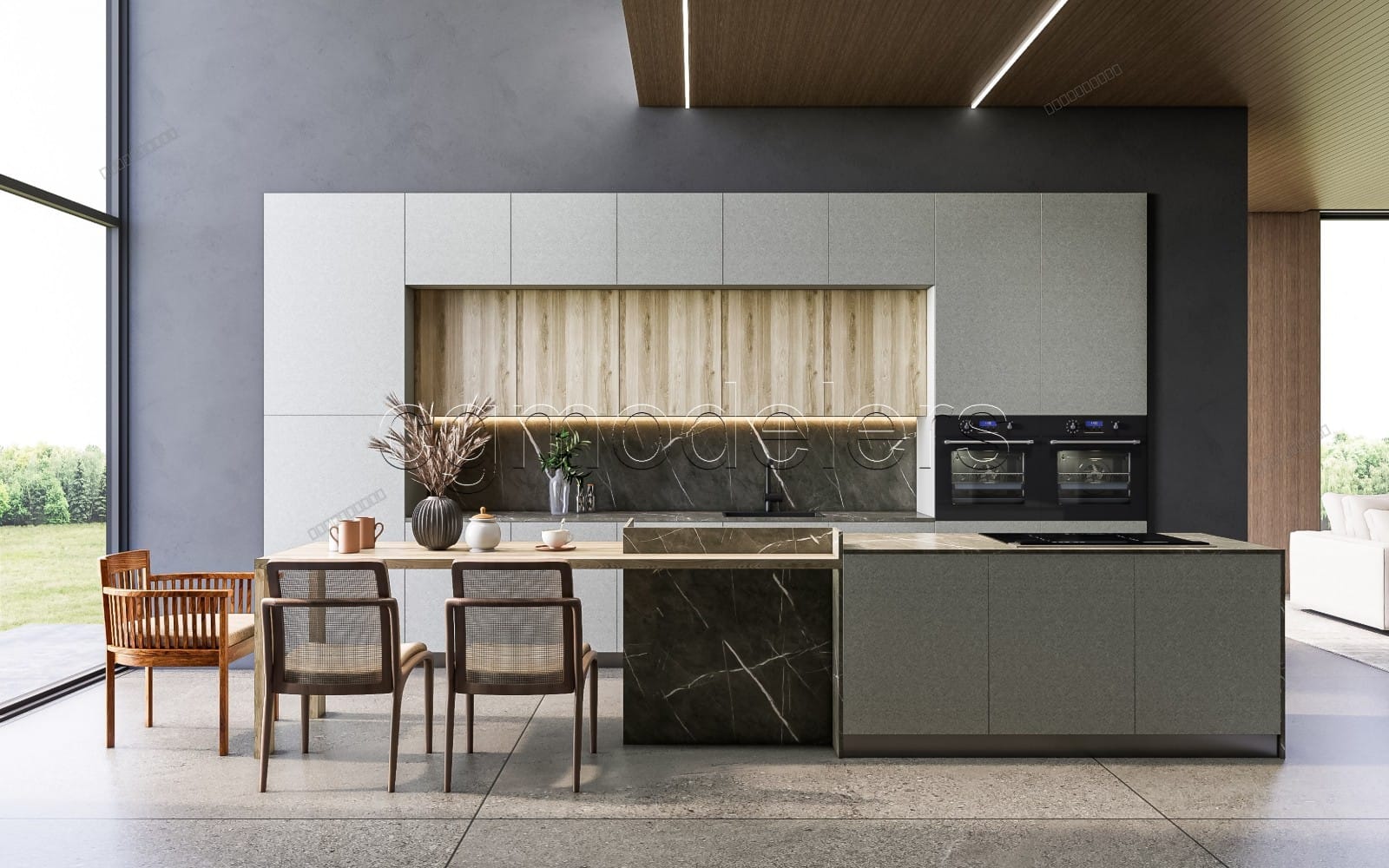 Modern kitchen interior render with island counter, cabinets, appliances, and dining chairs for Enscape PBR scene