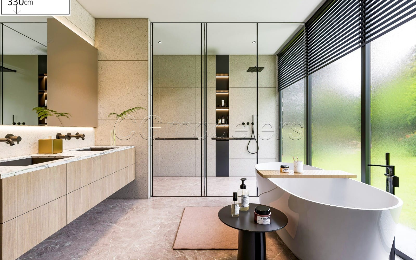 Luxury bathroom SketchUp model scene with bathtub, vanity, shower glass, and Enscape-style lighting PBR render