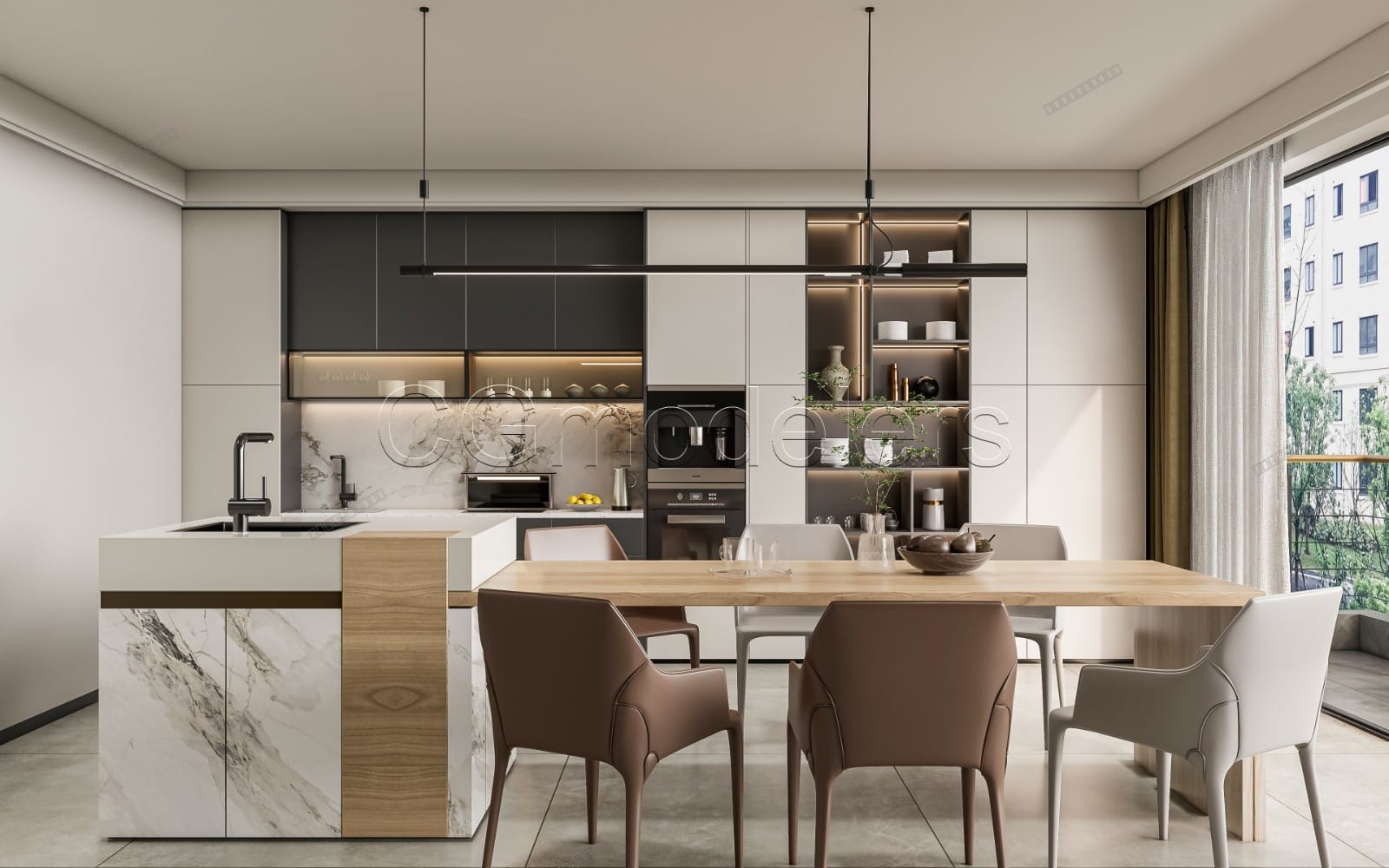 Modern kitchen interior 3D render with island, pendant lights, dining table, and PBR lighting for SketchUp Enscape scene