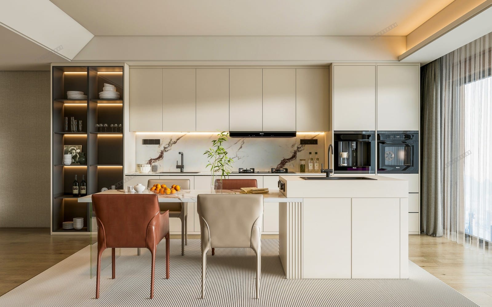 Modern kitchen 3D model render with white cabinetry, marble backsplash, pendant lighting, and two built-in appliances