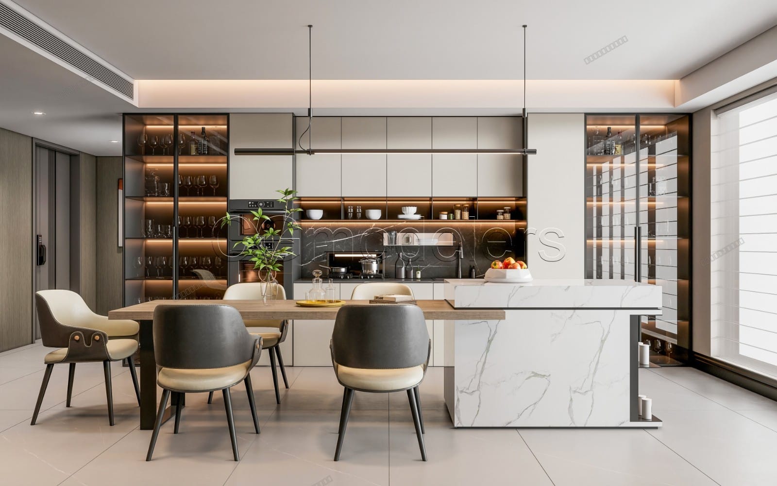 Modern kitchen interior SketchUp scene with marble island, chairs, glass cabinets, full lighting and PBR Enscape render
