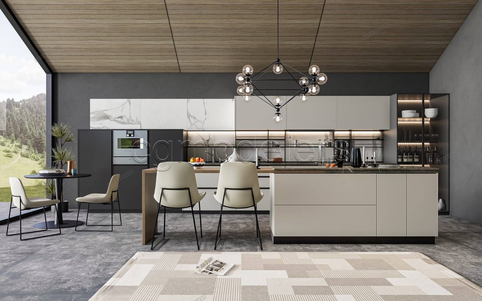 Modern kitchen scene render with island cabinets, pendant lights, dining chairs, and PBR materials