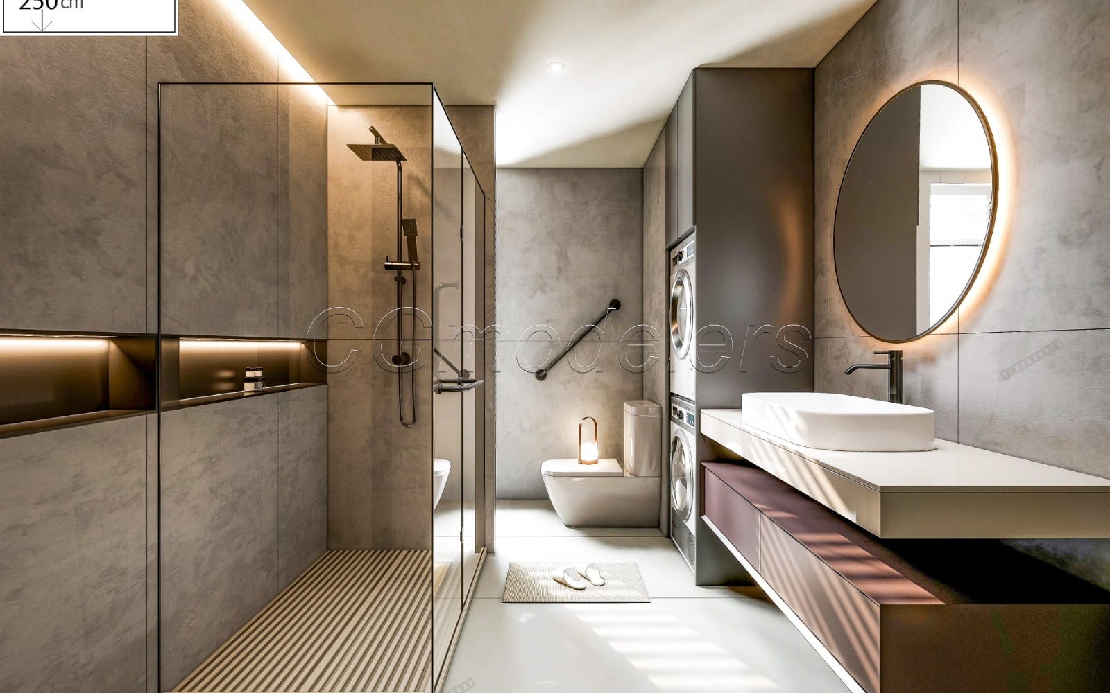 Modern bathroom scene render with shower enclosure, vanity, toilet, washing machine, and PBR materials lighting
