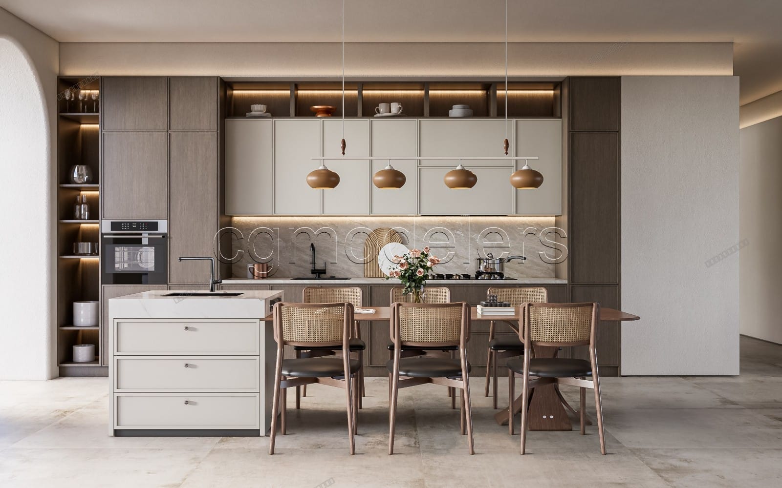 Modern kitchen interior 3D render with cabinetry, island and pendant lights, Enscape-ready SketchUp scene