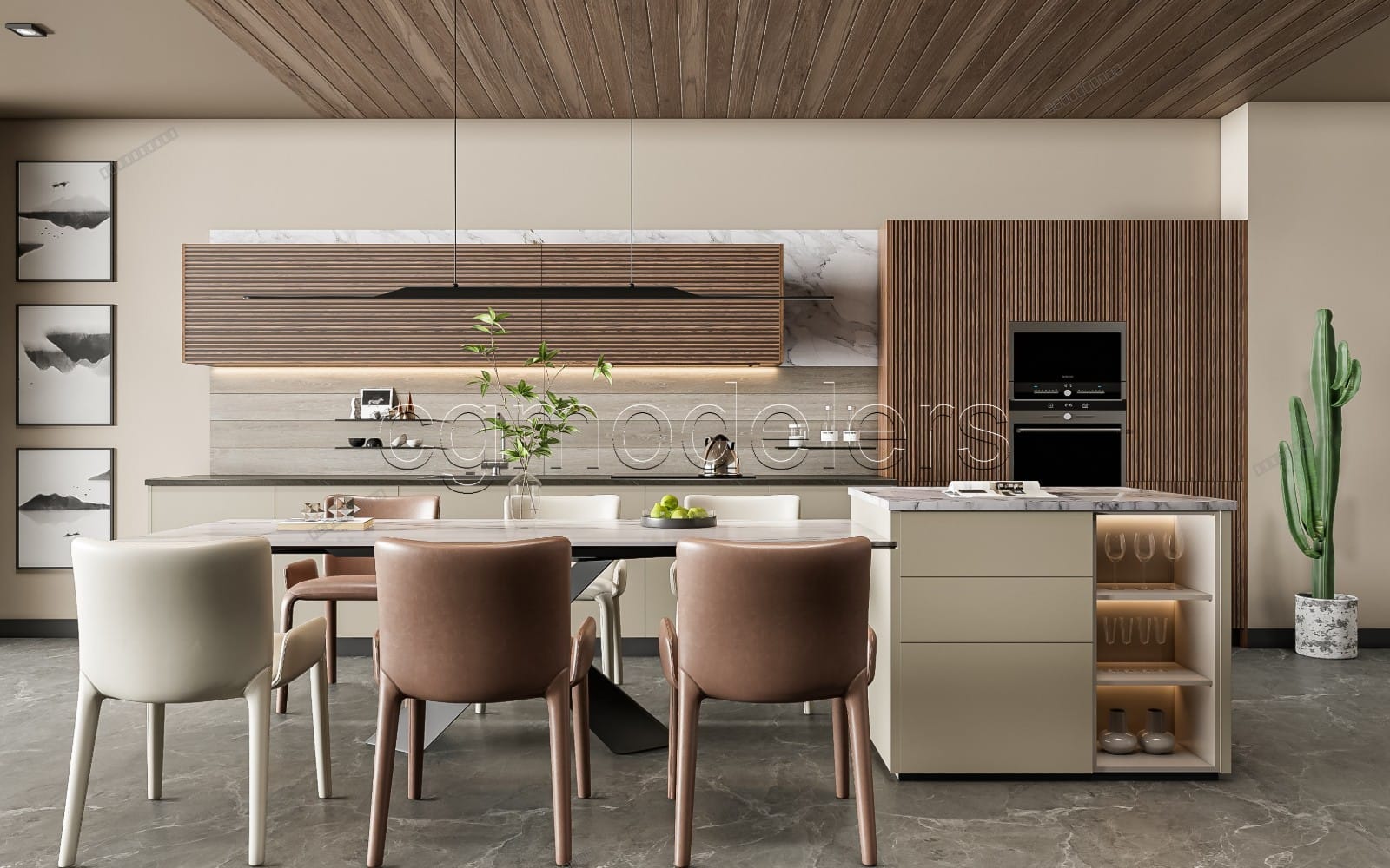 Modern kitchen interior 3D model render with cabinets, island, pendant lights, and seating, Enscape PBR ready