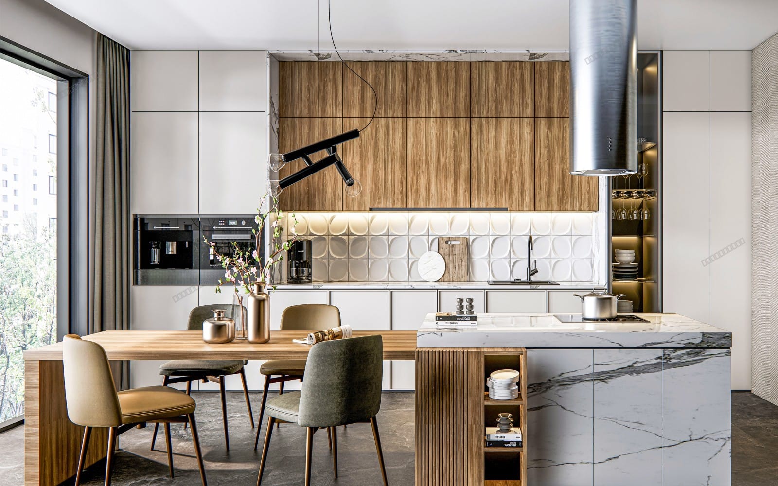 Modern kitchen interior 3D render with wood cabinetry, marble island, pendant lights, and dining chairs