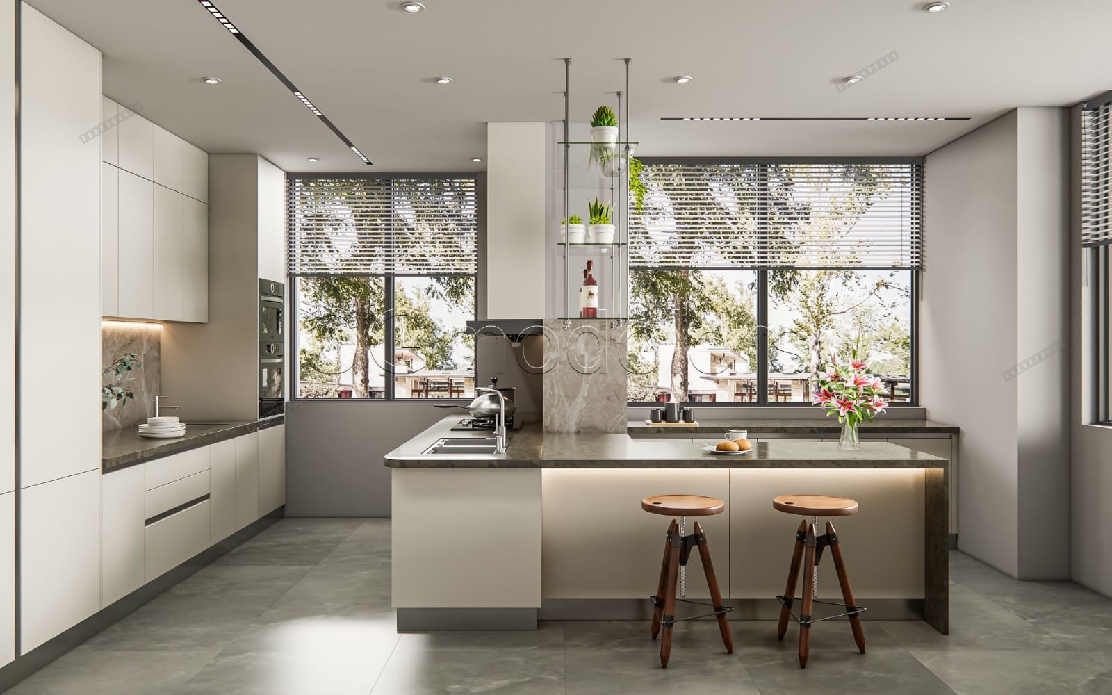 Modern kitchen 3D render with cabinets, island, windows, pendant lights, and bar stools for Enscape SketchUp scene