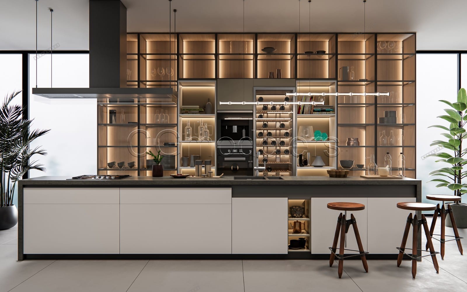 Modern kitchen interior render with island, glass bottles, bar stools, and illuminated wall cabinets in PBR lighting