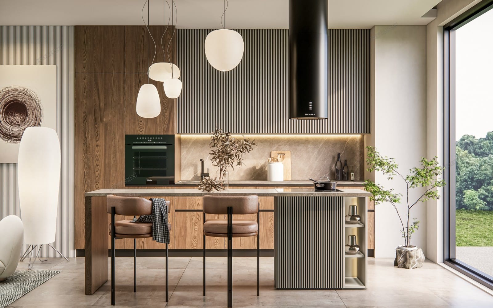 Modern kitchen interior 3D render with wood cabinetry, island bar stools, pendant lights, plants, and lighting