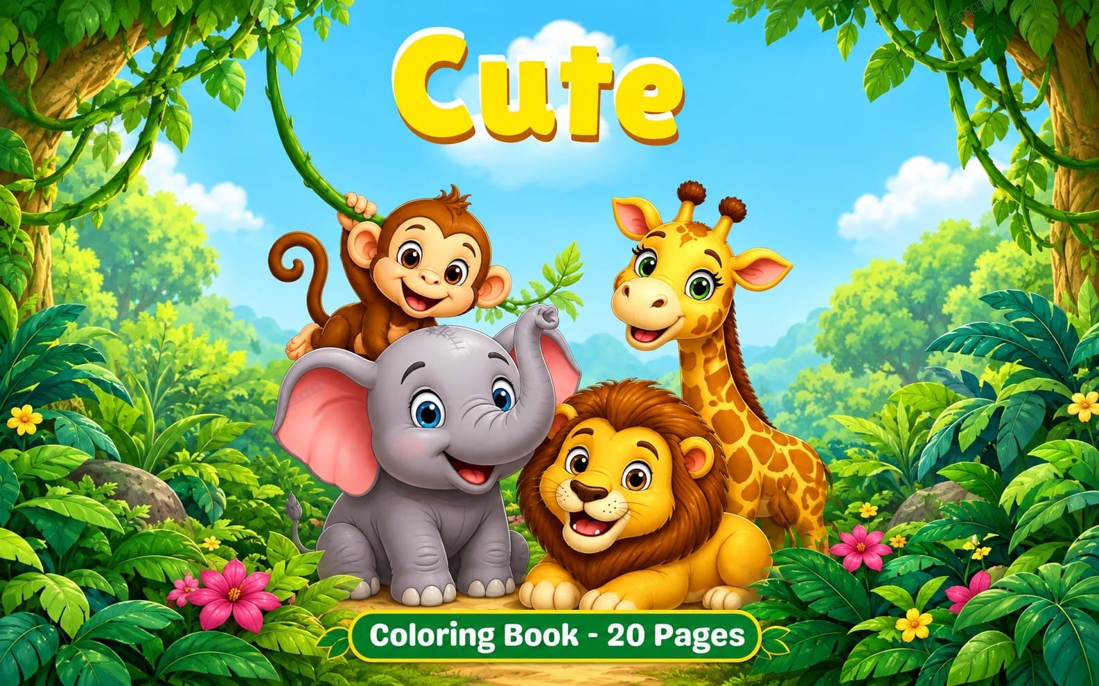 Cute jungle animal friends coloring book cover with elephant lion giraffe monkey in a lush green forest with text