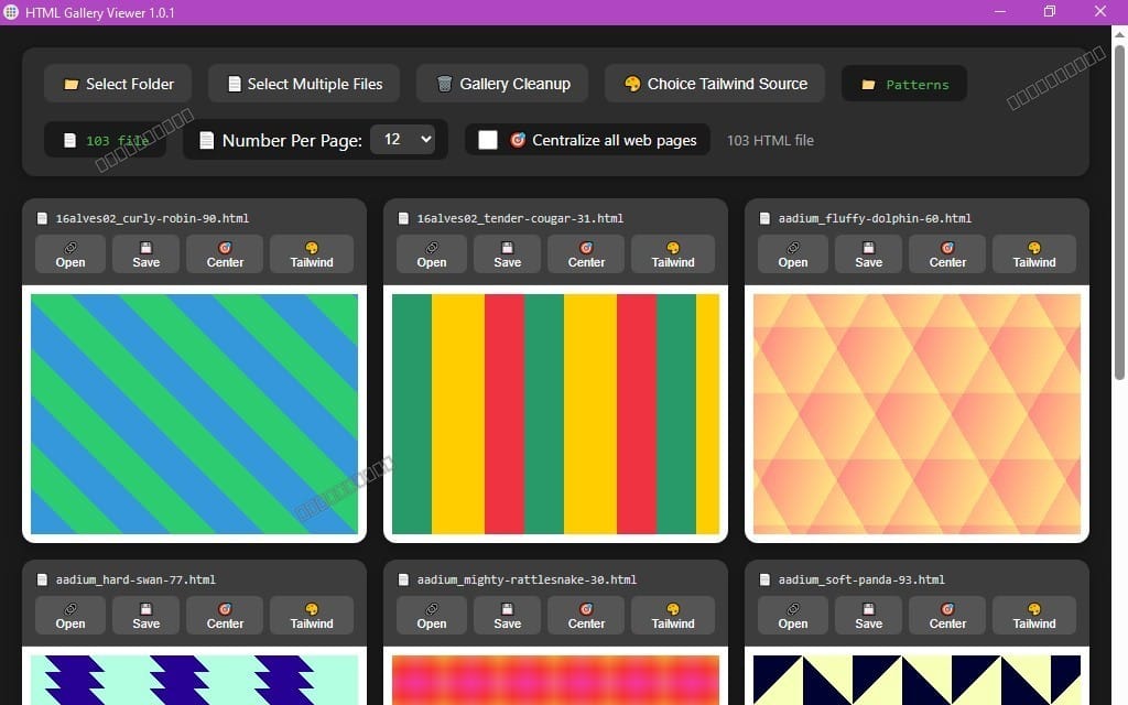 HTML Gallery Viewer app with multiple colorful gallery pattern tiles and controls for folders and files