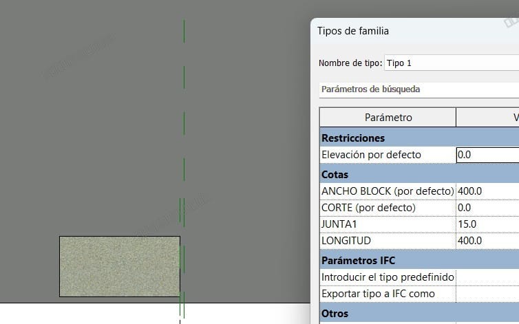 Captura de pantalla de Revit con parámetros y controles de una familia dinámica BIMFlex para bloques 2026