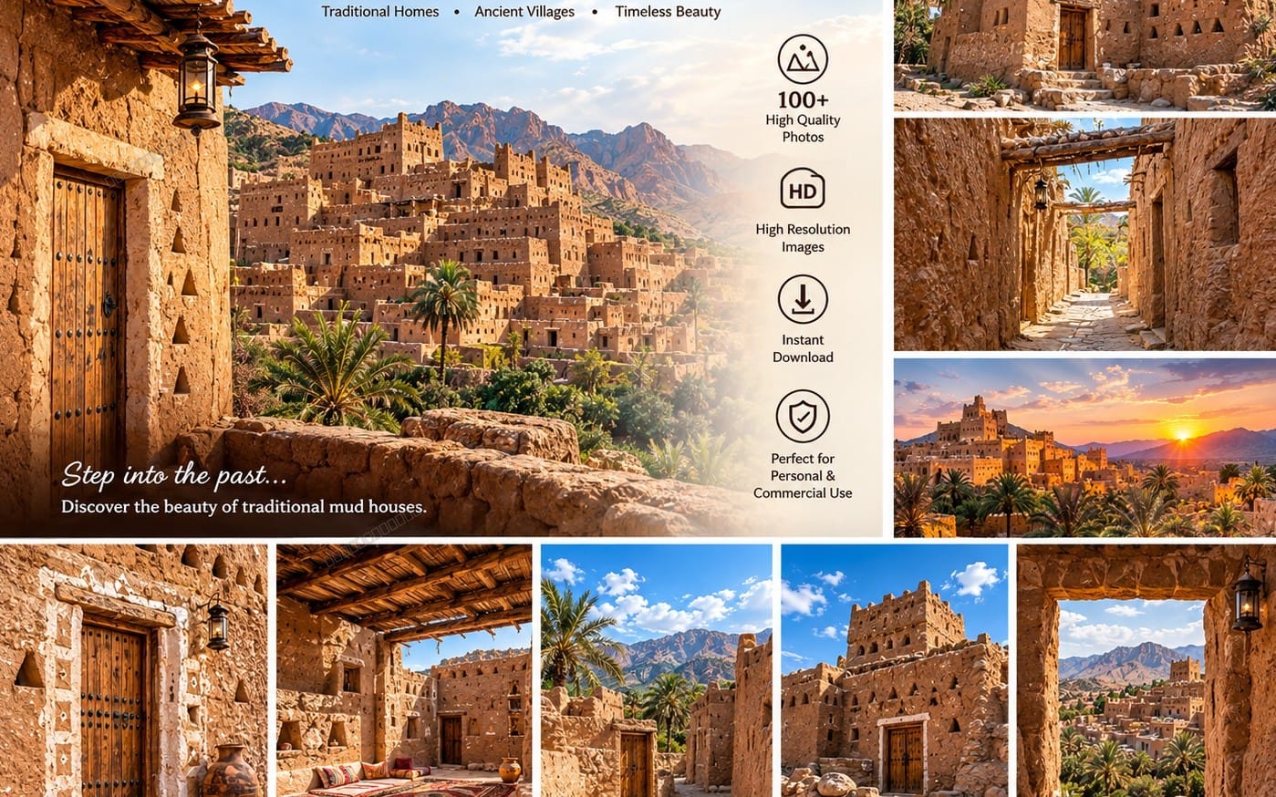Set of heritage photo thumbnails showing old mud houses and ancient village stone courtyards at scenic mountain sunset