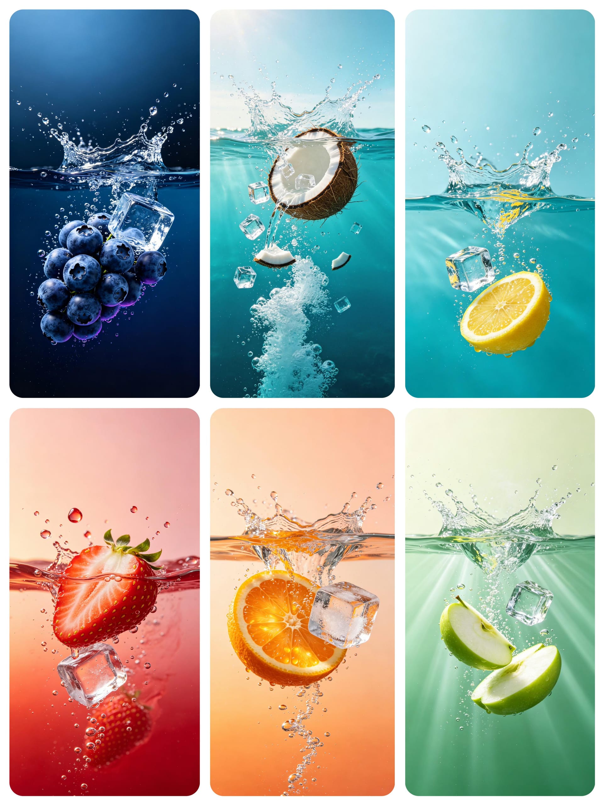 Vorschaubild von Fresh fruits splashing in water with ice cubes mobile wallpaper 4k – Full Bundle