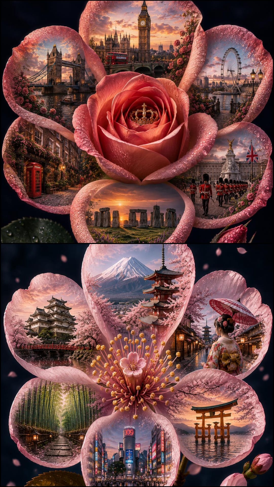 Preview image of KI-Kunst Länder berühmte Wahrzeichen in Blütenblättern – Vollständiges Bundle