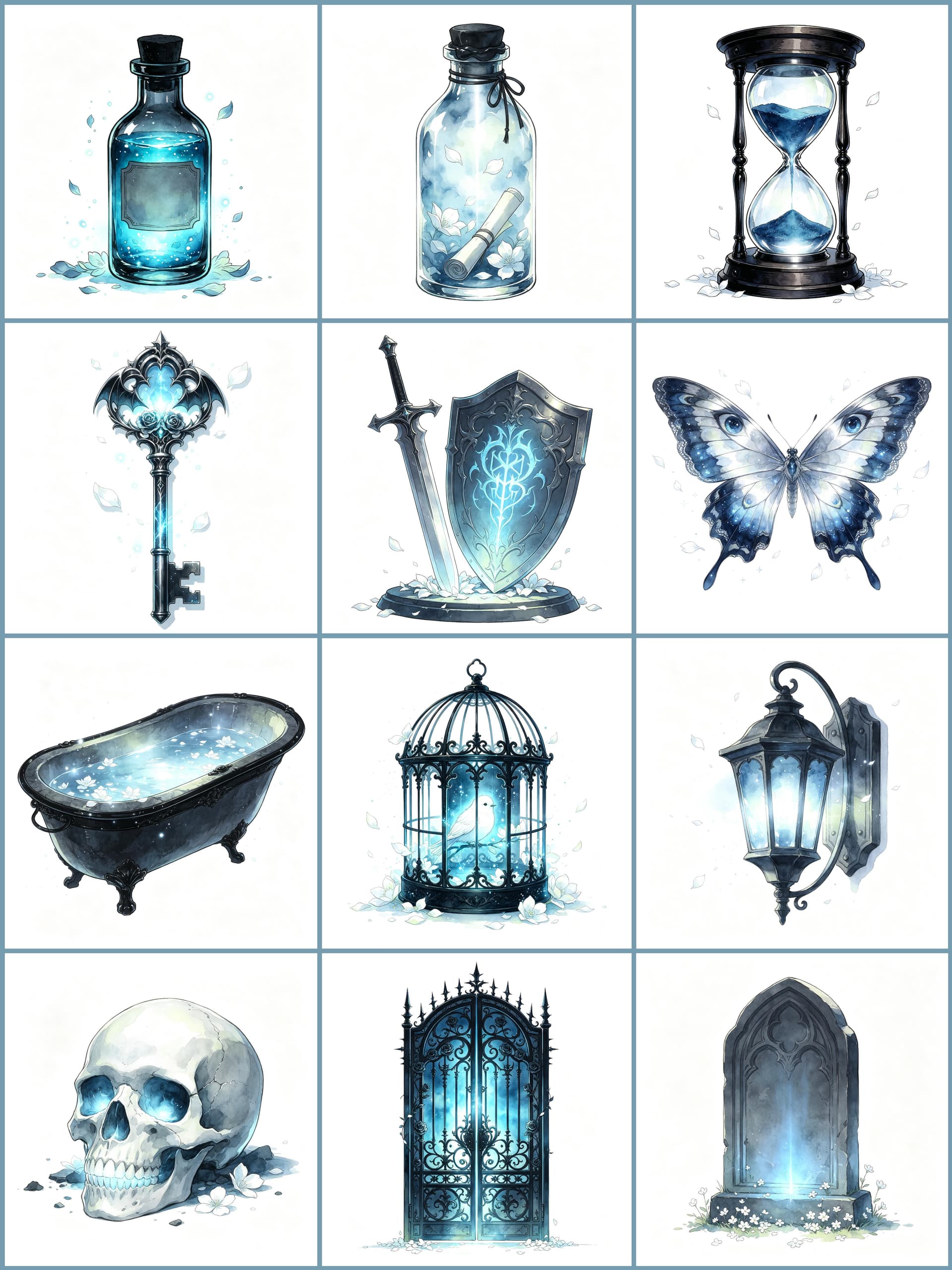 Preview image of Dark fantasy watercolor clipart blue – Full Bundle