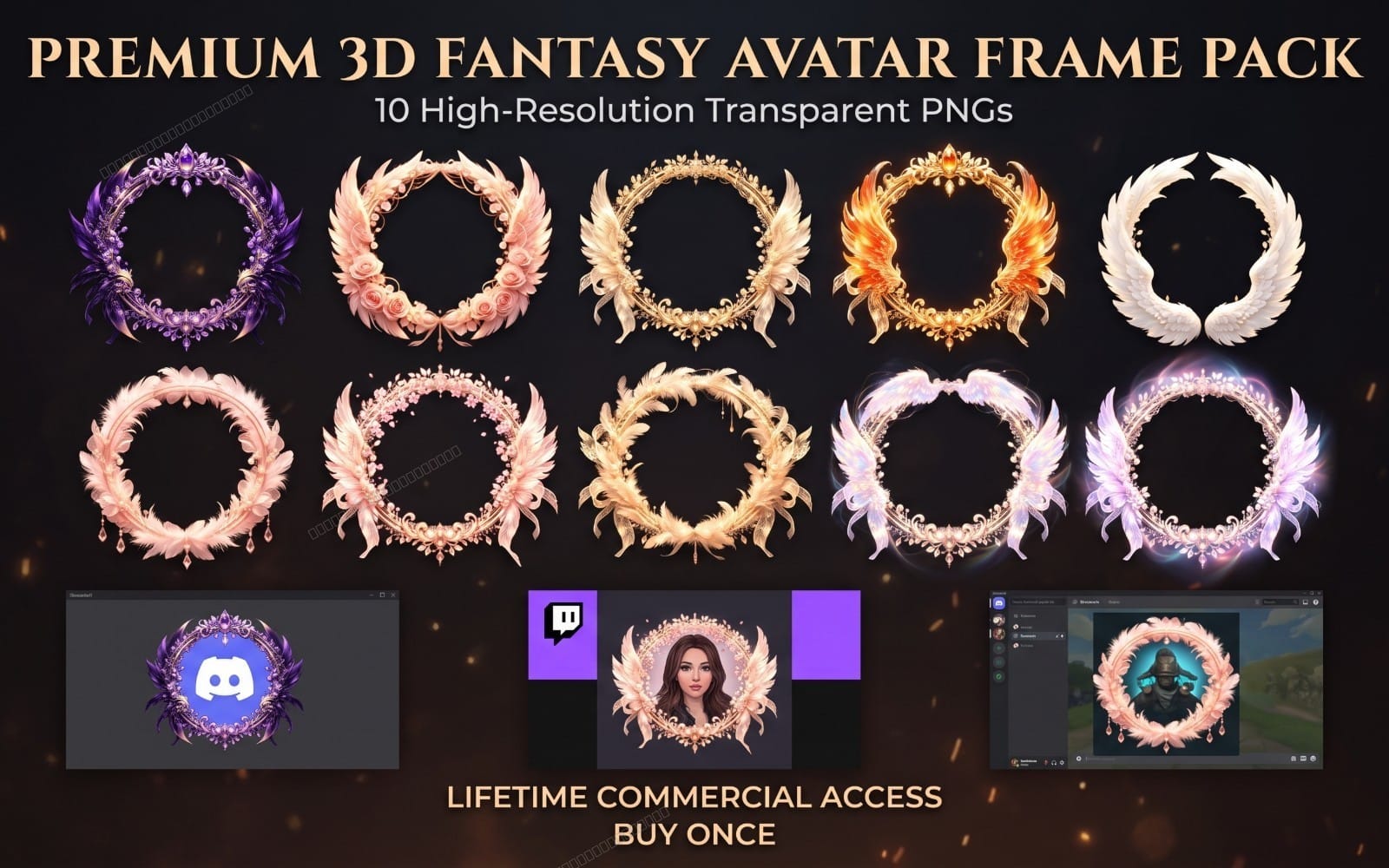 3D Premium Angel Wings & Floral Avatar Frame Bundle (10 Designs) PNG